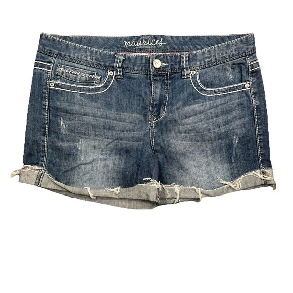 Maurices Shorts Juniors 11/12 Blue Mid Rise Distress Cuffed Measures W35 - Picture 1 of 7